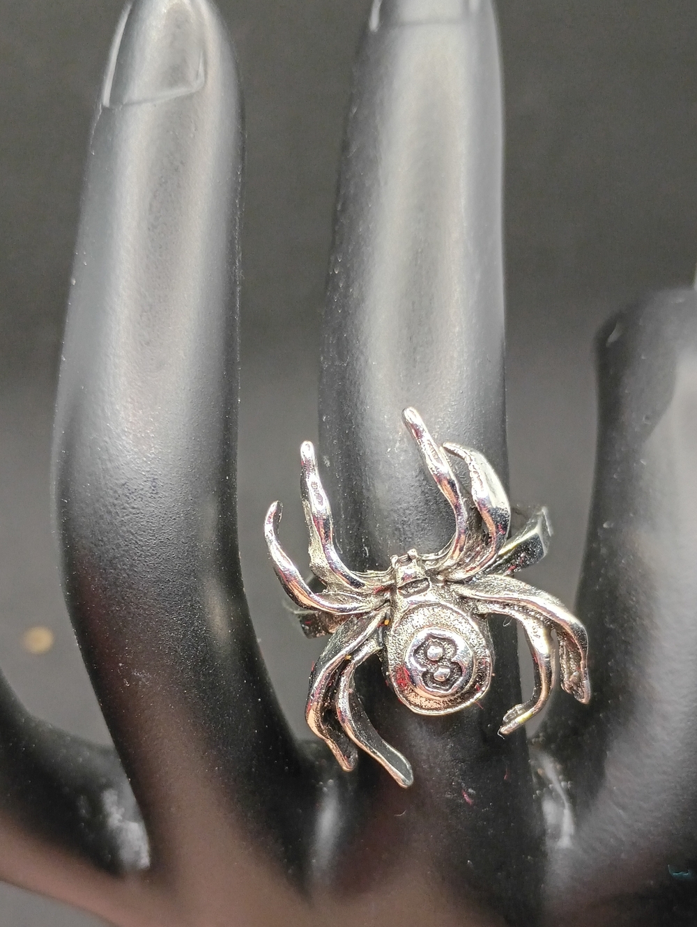 Size 6.5 Silver Tone Spider Ring with 8-Ball Accent